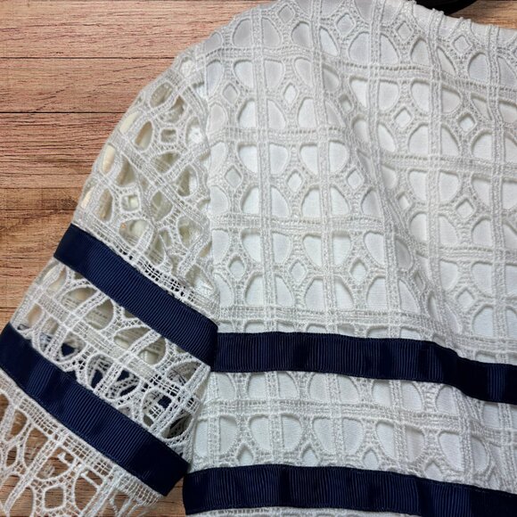 Cremeux White Lace Midi Dress with Navy Stripes - Size 0 - Picture 3 of 4
